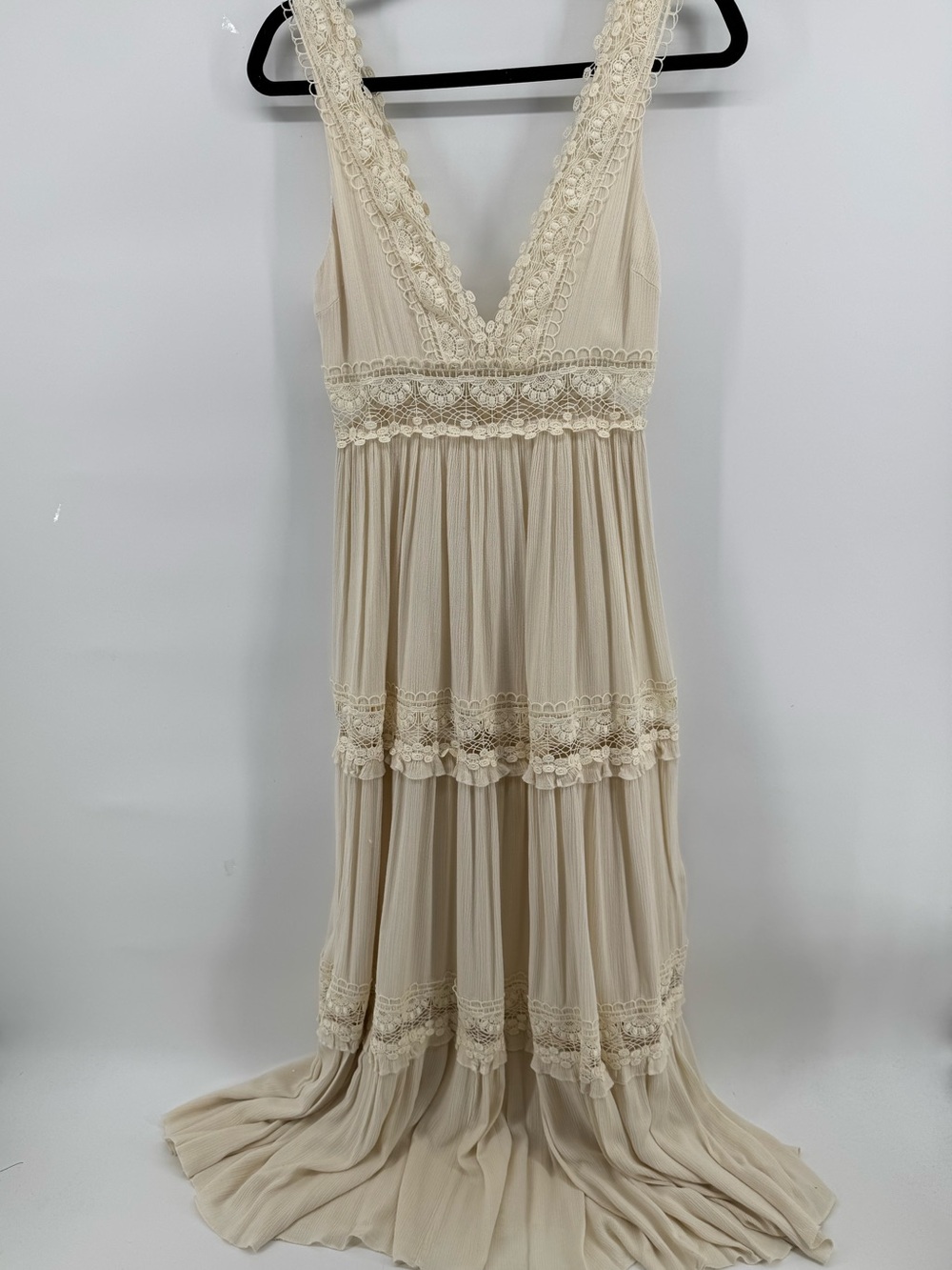 Forever 21 Cream Lace-Trim V-Neck Maxi Dress Women's Size Small Boho - Picture 2 of 8